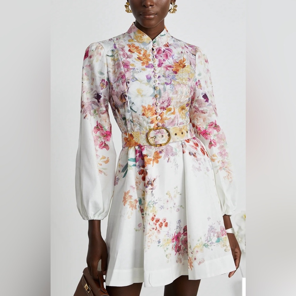 Floral Print Longsleeve Mini Dress Linen Size L